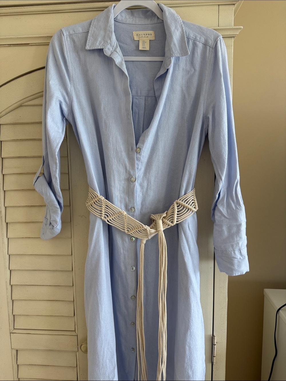Calypso St. Barth Light Blue Long Sleeve Shirt Dress with Macramé Belt